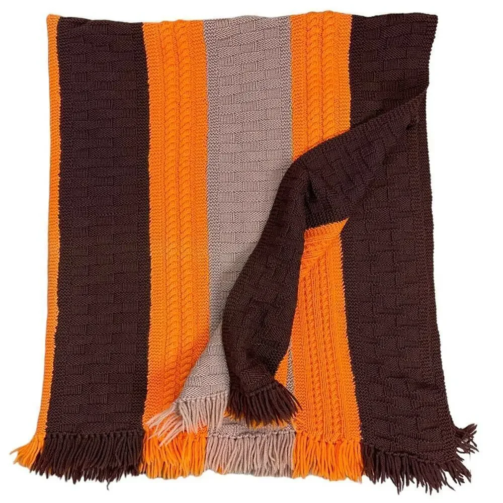Decorative Warm Winter Fringe Edge Wool Textured Stripe Knit Throw Blanket